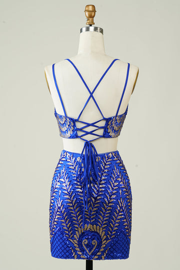 Royal Blue Dwuczęściowy Glitter Tight Homecoming Dress